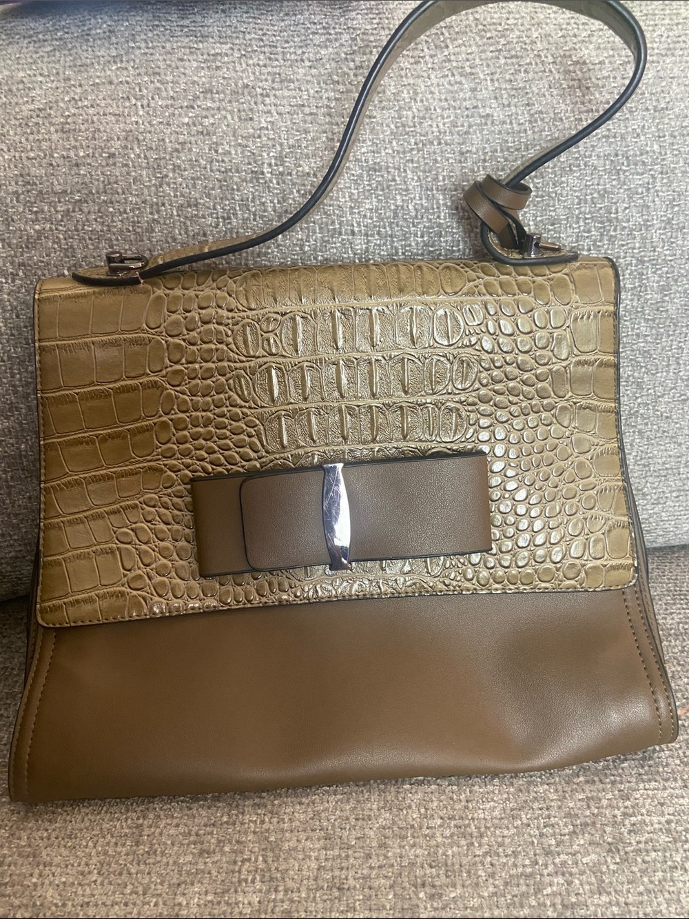 Olive Croc-Embossed Galian NY Flap Shoulder Bag with Bow Accent